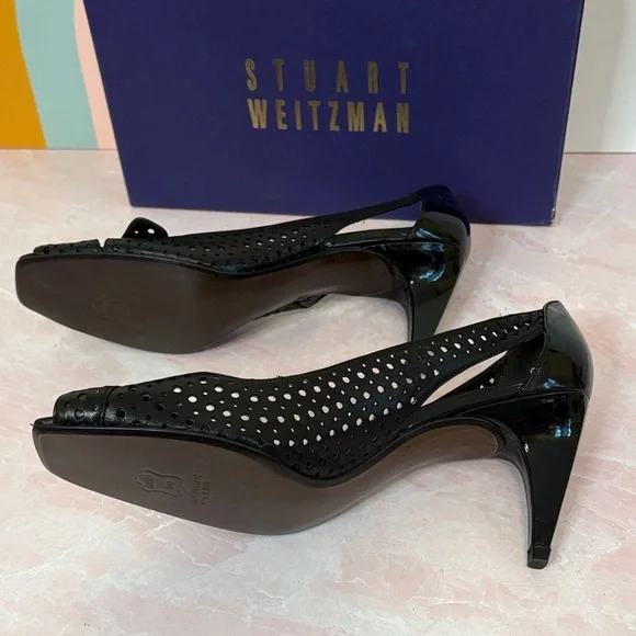 Stuart Weitzman Bowden Peep Toe Black Patent Perforated Buckle Heels, 10M - Picture 4 of 8